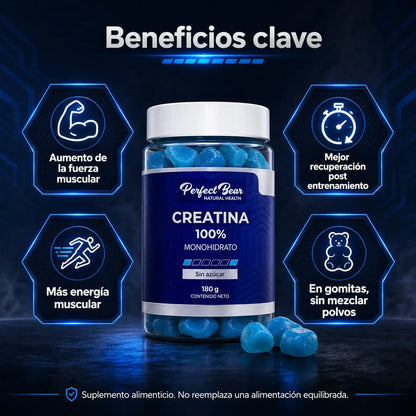 Infografía beneficios clave Creatina 100% Monohidrato Perfect Bear gomitas fuerza energía recuperación sin azúcar