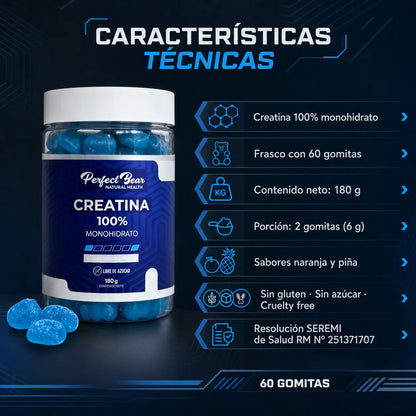 Características técnicas Creatina Perfect Bear 60 gomitas 180g porción 6g sabor naranja y piña SEREMI Chile