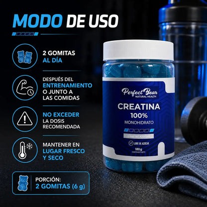 Modo de uso Creatina 100% Monohidrato Perfect Bear 2 gomitas 6g diarias después del entrenamiento o con comidas