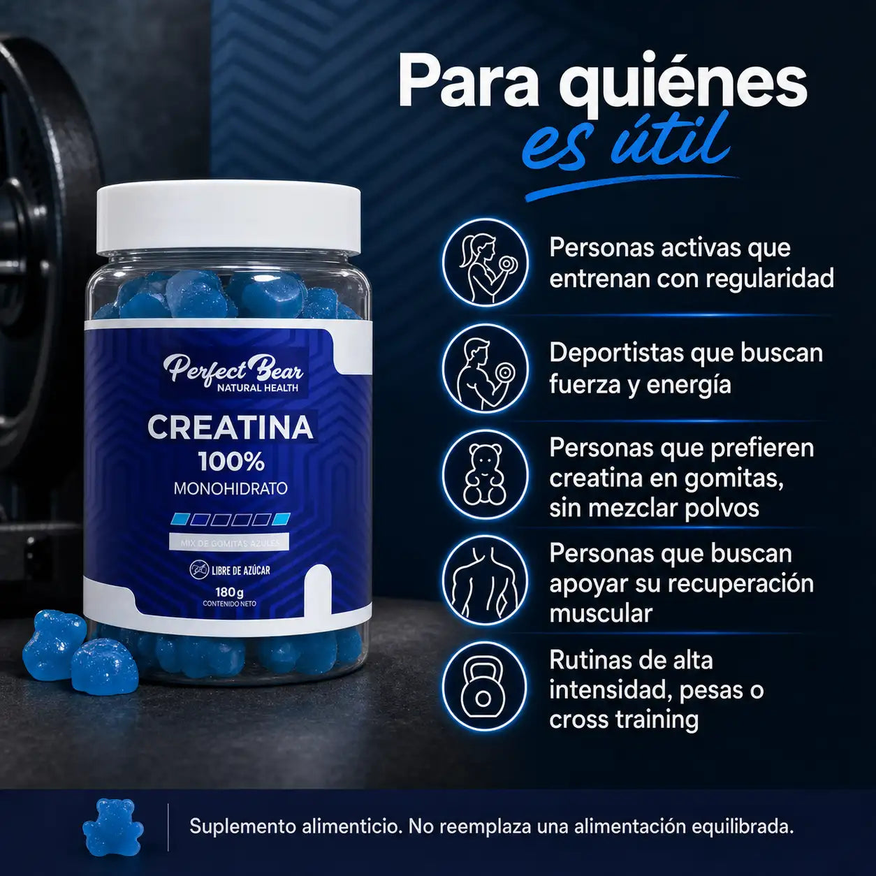 Infografía para quiénes es útil Creatina Perfect Bear deportistas fuerza recuperación muscular cross training