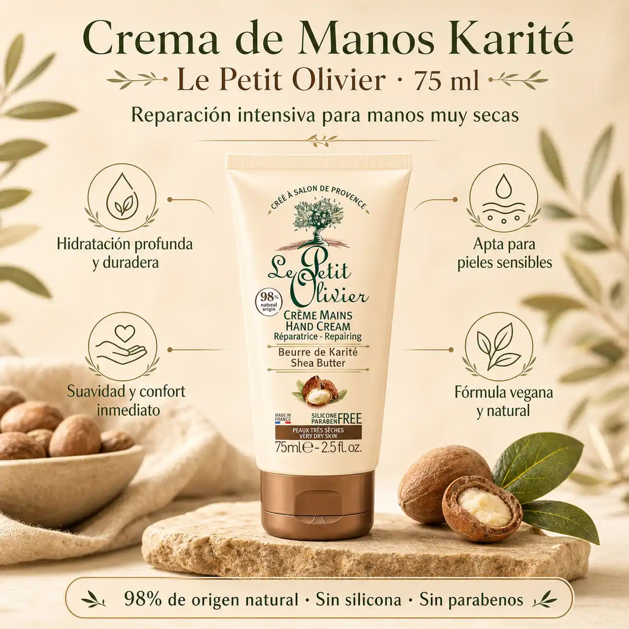 Infografía Crema de Manos Karité Le Petit Olivier 75ml reparación intensiva piel seca vegana sin parabenos