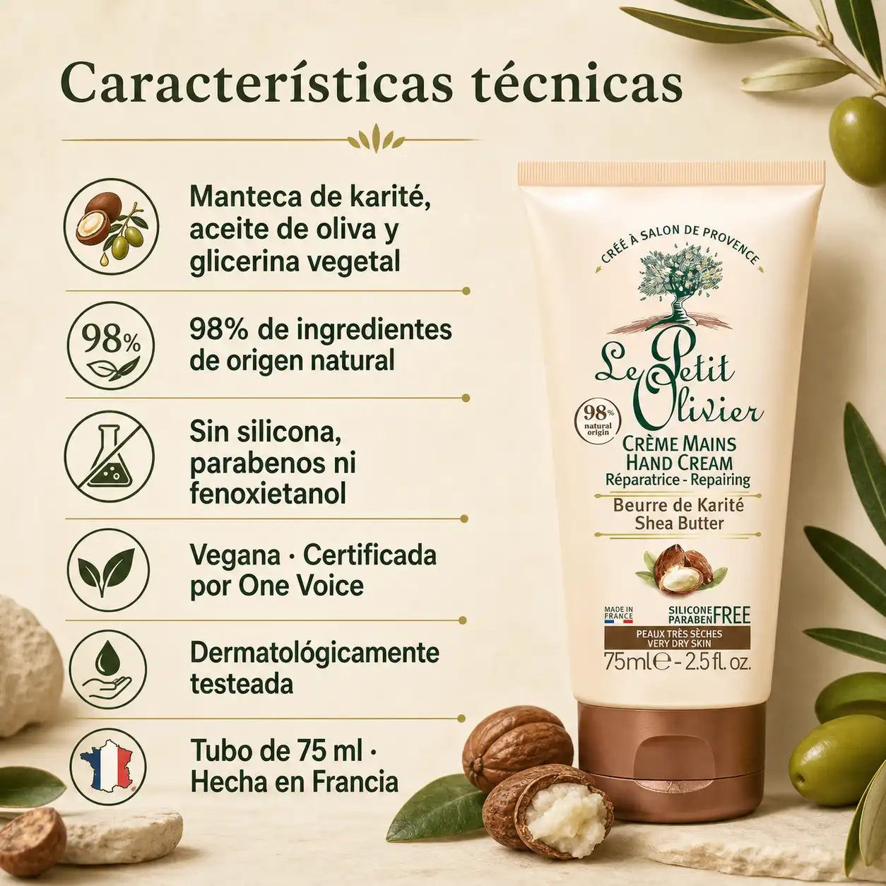 Características técnicas Crema Manos Karité Le Petit Olivier karité oliva glicerina 98% natural vegana Francia