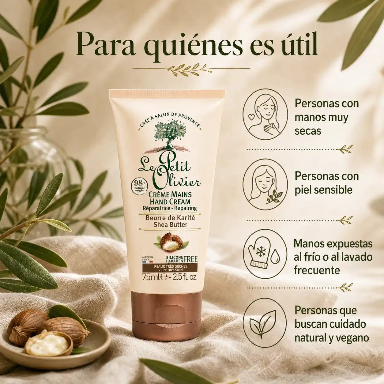 Infografía para quiénes es útil Crema Manos Karité Le Petit Olivier piel seca sensible frío cuidado vegano