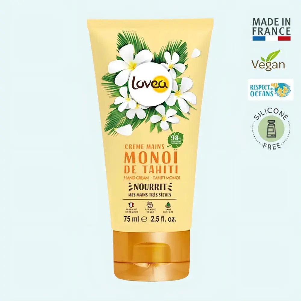 Crema de manos Lovea Monoi de Tahití 75 ml con fondo azul, logos de origen vegano, sin silicona y fabricado en Francia