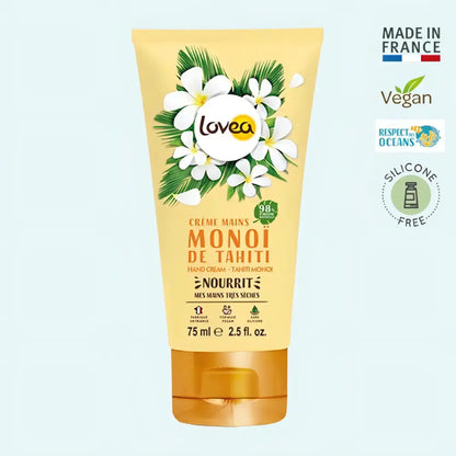 Crema de manos Lovea Monoi de Tahití 75 ml con fondo azul, logos de origen vegano, sin silicona y fabricado en Francia
