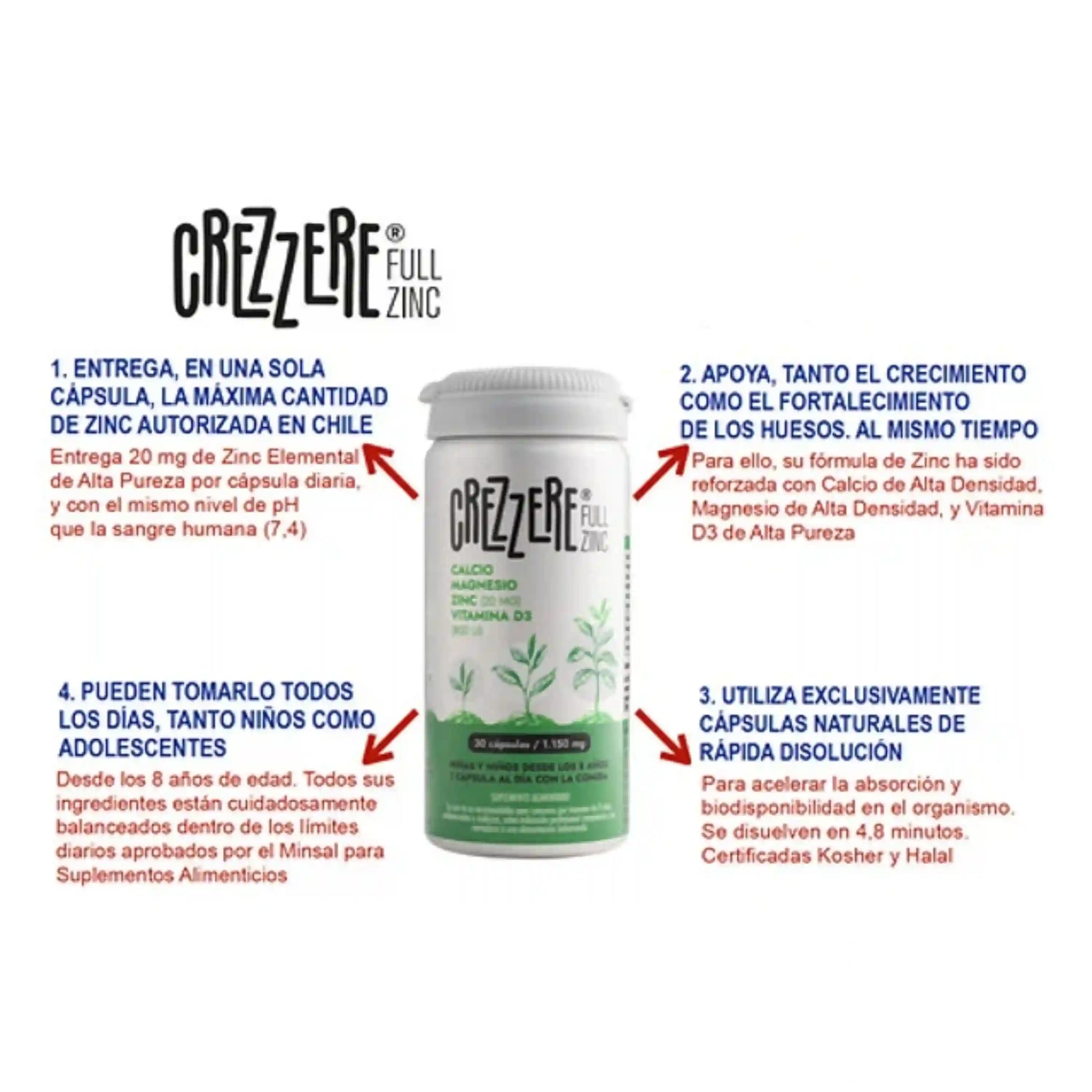 Crezzere Full Zinc 30 cápsulas con Calcio, Magnesio, Zinc 20mg y Vitamina D3 para niños y adolescentes desde 8 años