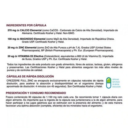 Ingredientes Crezzere Full Zinc: Calcio 370mg, Magnesio 100mg, Zinc 20mg, Vitamina D3 800UI, sin gluten ni lactosa, Kosher y Halal