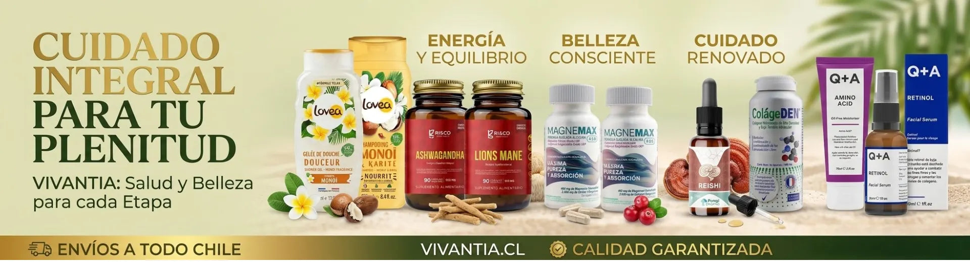 Vivantia cuidado integral suplementos Ashwagandha Lion's Mane Magnemax Cranberry Retinol y adaptógenos