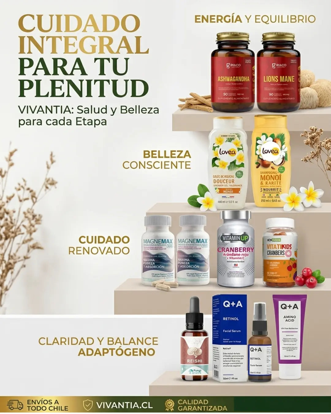 Vivantia cuidado integral suplementos Ashwagandha Lion's Mane Magnemax Cranberry Retinol y adaptógenos