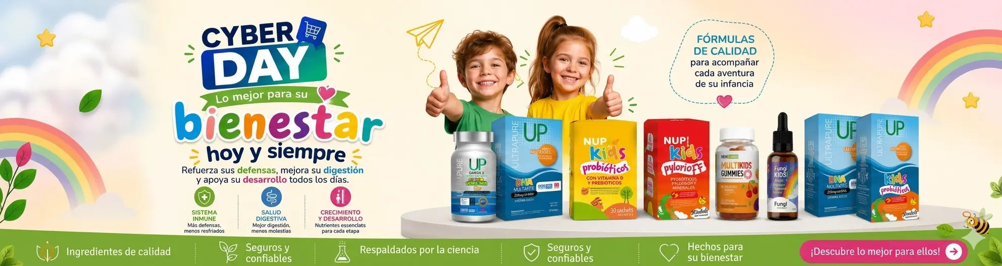 Banner Cyber Day suplementos infantiles Vivantia: UP, NUP Kids Probióticos, NUP Kids PyloriOFF, Multikids Gummies, Fungi Kids