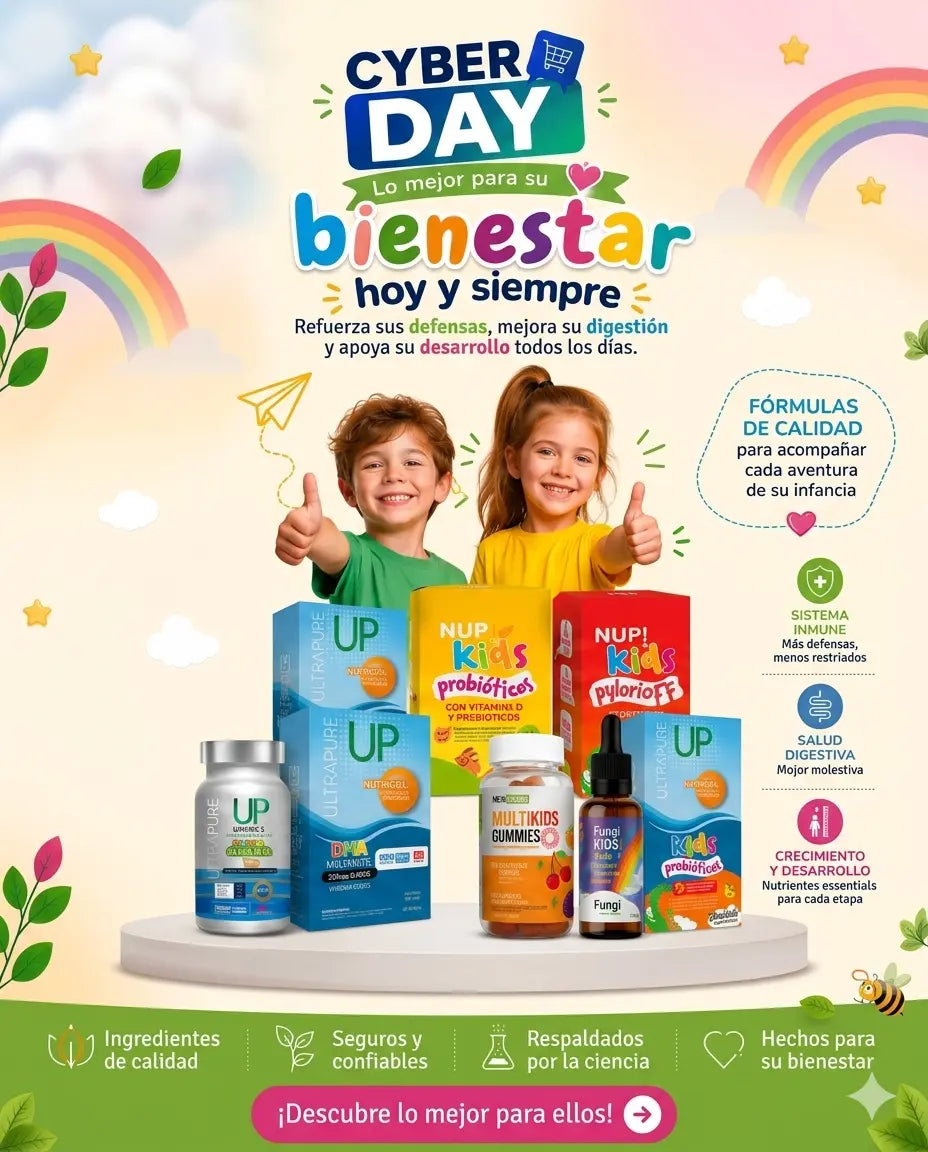 Banner Cyber Day suplementos infantiles Vivantia: UP, NUP Kids Probióticos, NUP Kids PyloriOFF, Multikids Gummies, Fungi Kids