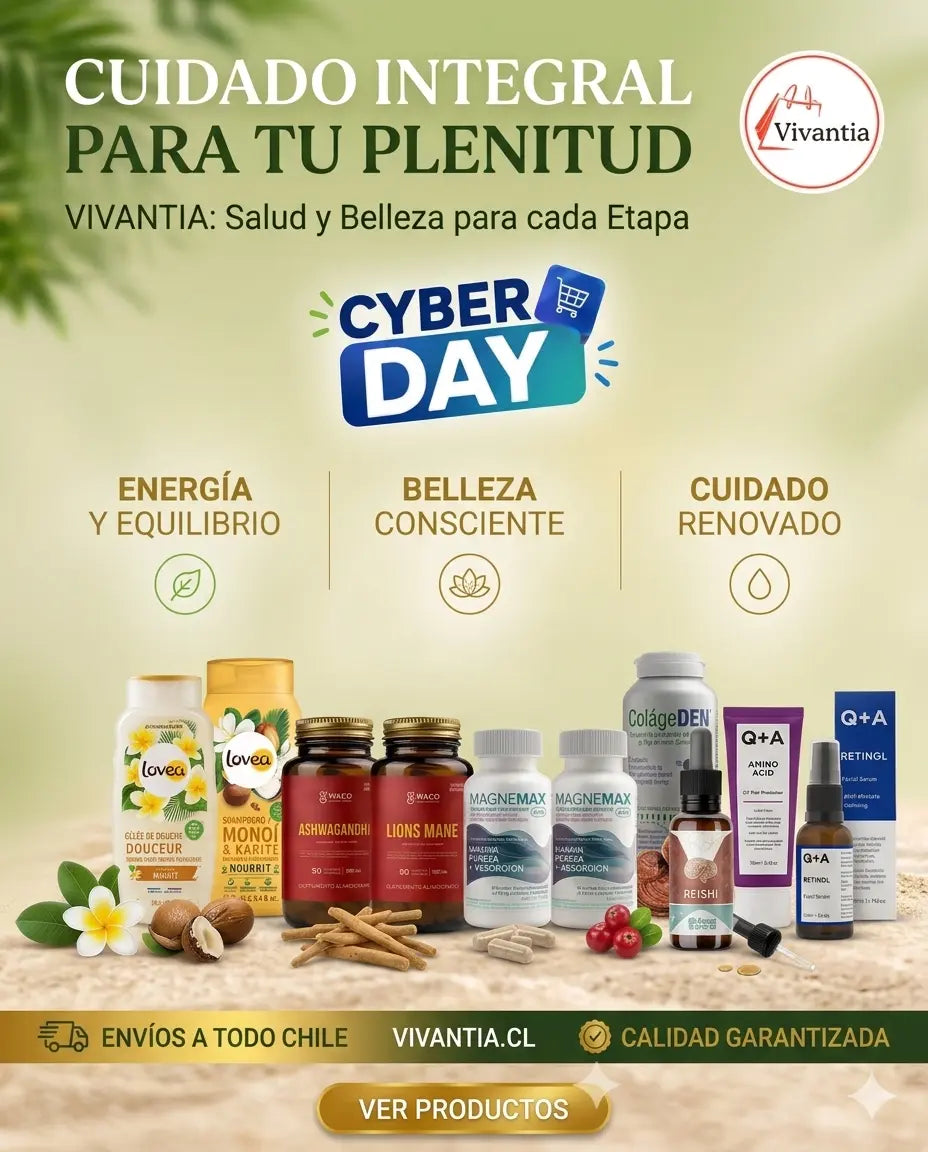 Banner Cyber Day Vivantia cuidado integral: Lovea, Ashwagandhi, Lions Mane, Magnemax, Reishi, ColágeDEN, Q+A Retinol