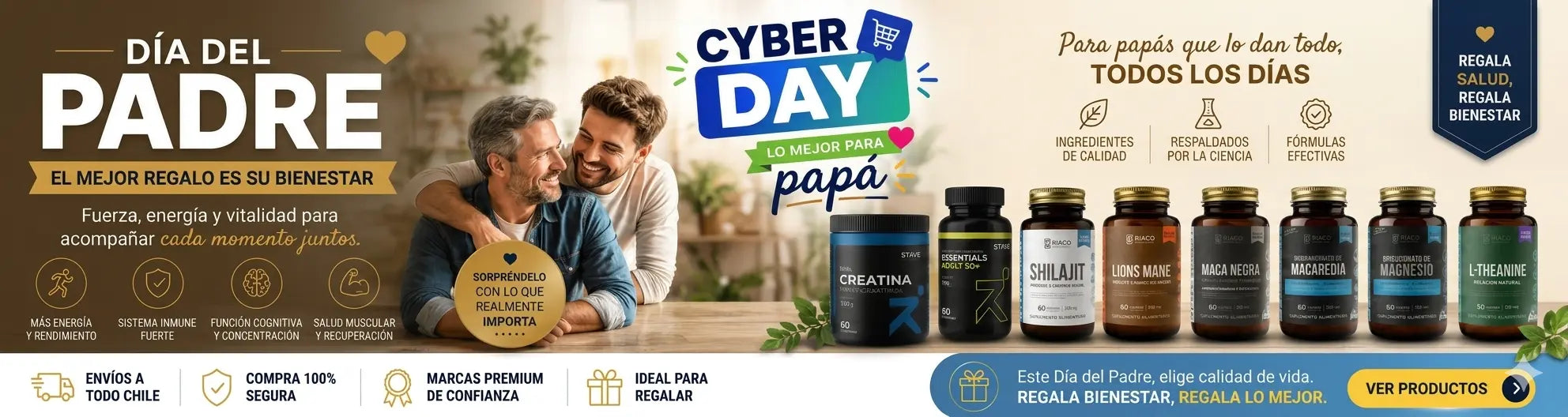 Banner Día del Padre Cyber Day suplementos BIACO y STAM: Maca, Shilajit, Lion's Mane, Magnesio, L-Theanine
