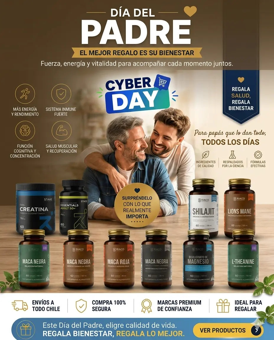 Banner Día del Padre Cyber Day suplementos BIACO y STAM: Maca, Shilajit, Lion's Mane, Magnesio, L-Theanine