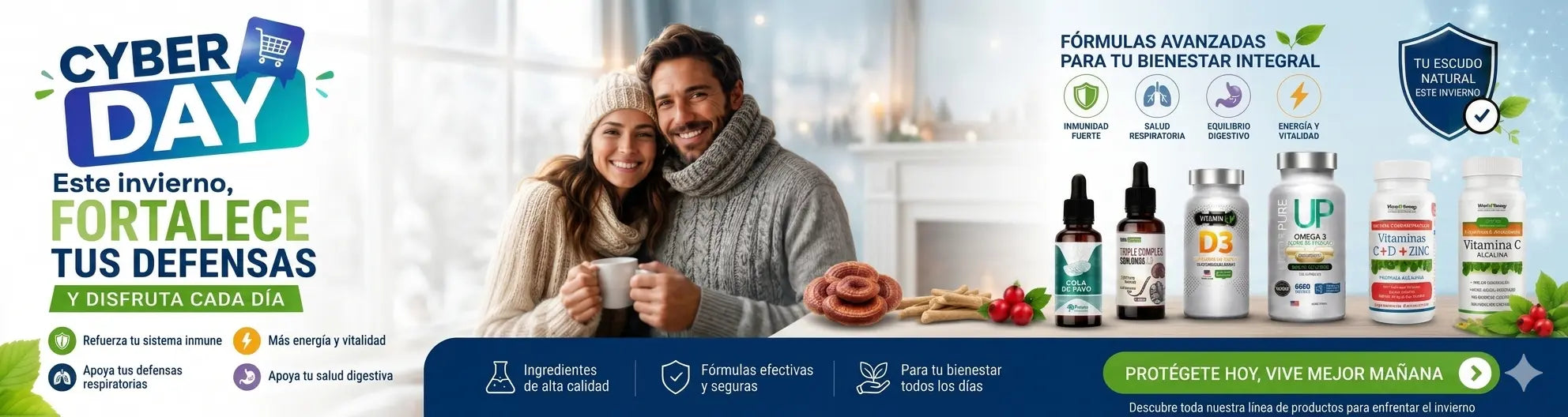 Banner Cyber Day invierno Vivantia suplementos inmunidad: Omega 3 UP, Fórmula D3+K2, Vitamina C+D+Zinc, Reishi Fungi Pharma