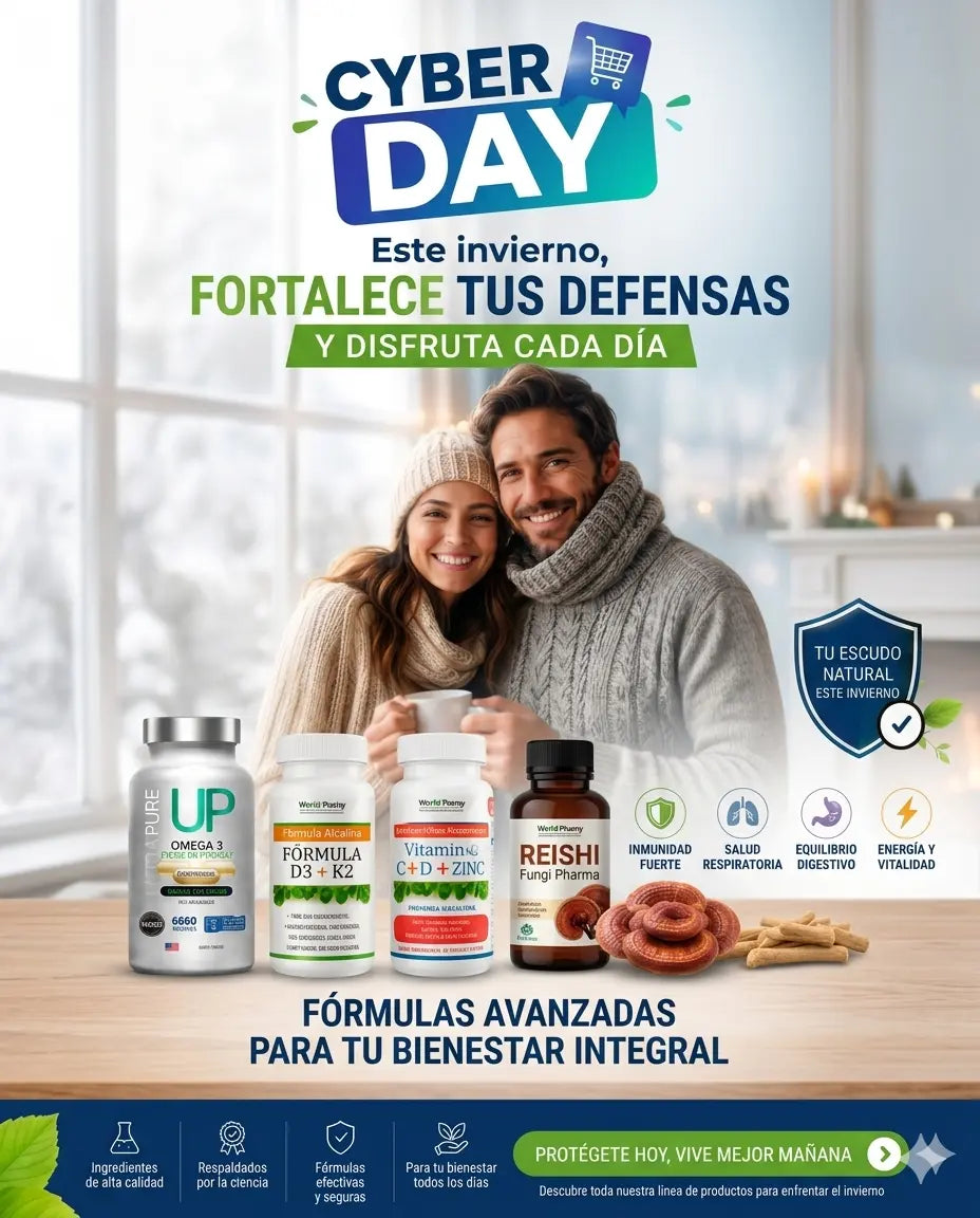 Banner Cyber Day invierno Vivantia suplementos inmunidad: Omega 3 UP, Fórmula D3+K2, Vitamina C+D+Zinc, Reishi Fungi Pharma