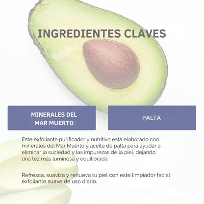 Infografía sobre los ingredientes clave del exfoliante facial, mostrando una ilustración de aguacate, con texto que resalta los minerales del Mar Muerto y el aceite de palta como ingredientes principales para una piel equilibrada y luminosa.