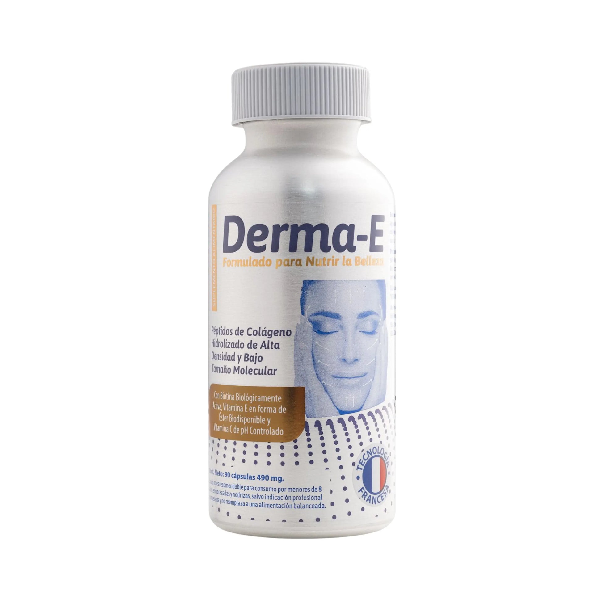 Frasco blanco del suplemento Derma-E, formulado para nutrir la belleza, con péptidos de colágeno hidrolizado, biotina, vitamina E y vitamina C. Etiqueta con imagen facial ilustrativa, texto en azul y dorado, y sello de “Tecnología Francesa”. Contiene 90 cápsulas de 490 mg.
