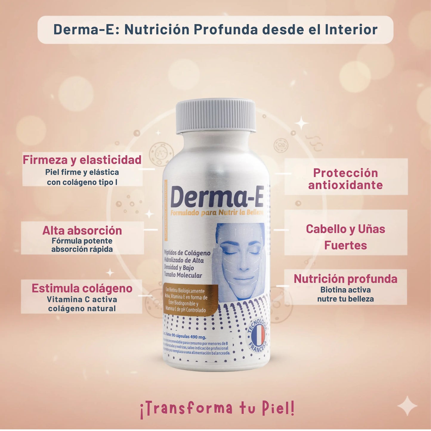 Imagen publicitaria del suplemento Derma-E con fondo rosado. Al centro se muestra el frasco del producto con beneficios destacados alrededor: firmeza y elasticidad, alta absorción, estimulación de colágeno, protección antioxidante, cabello y uñas fuertes, y nutrición profunda. Texto principal: “Derma-E: Nutrición Profunda desde el Interior” y al pie: “¡Transforma tu piel!”.