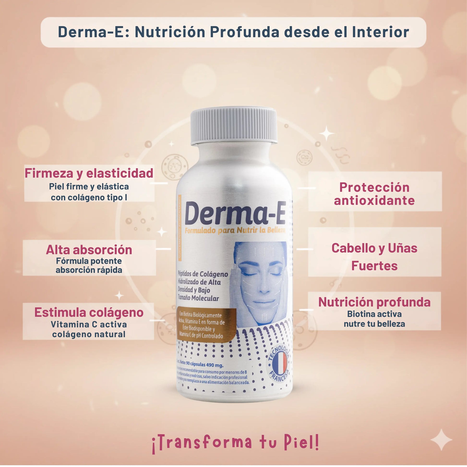 Imagen publicitaria del suplemento Derma-E con fondo rosado. Al centro se muestra el frasco del producto con beneficios destacados alrededor: firmeza y elasticidad, alta absorción, estimulación de colágeno, protección antioxidante, cabello y uñas fuertes, y nutrición profunda. Texto principal: “Derma-E: Nutrición Profunda desde el Interior” y al pie: “¡Transforma tu piel!”.