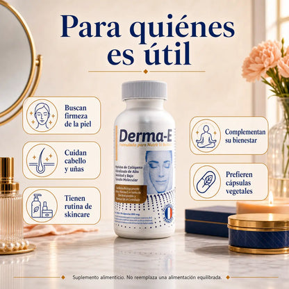 Para quiénes es útil Derma-E Colágeno firmeza piel cabello uñas rutina skincare cápsulas vegetales
