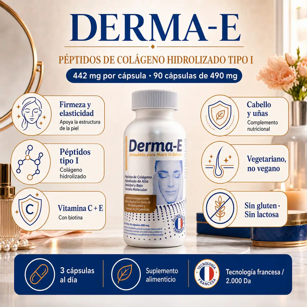 Derma-E Colágeno Hidrolizado 490mg 90 cápsulas firmeza piel vitamina C biotina tecnología francesa sin gluten