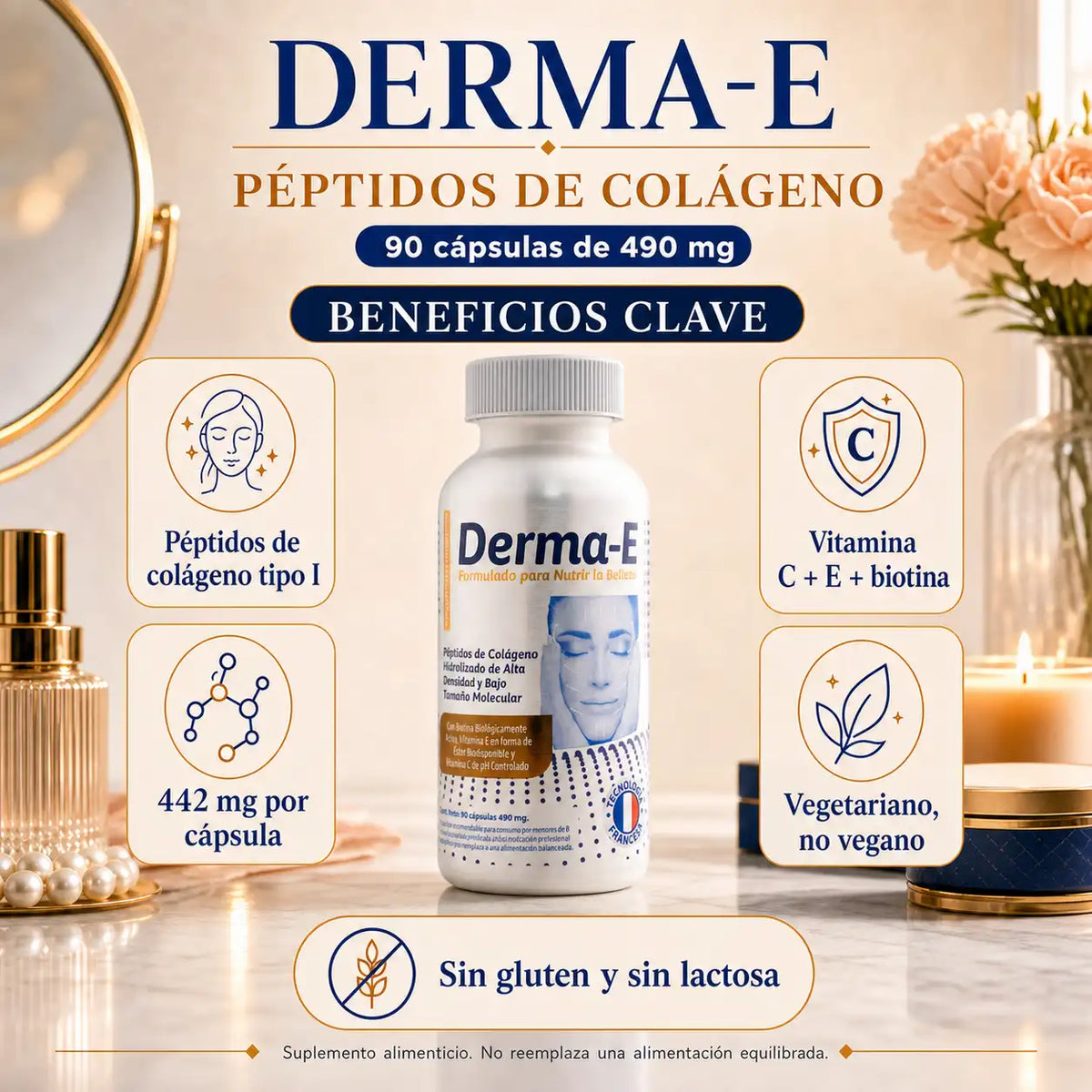 Infografía Derma-E Colágeno Hidrolizado Tipo I 490mg 90 cápsulas Vitamina C y E firmeza piel cabello y uñas