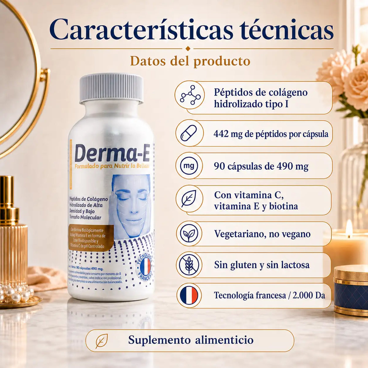 Características Derma-E Colágeno Tipo I 442mg péptidos vitamina C E biotina calcio 90 cápsulas vegetales