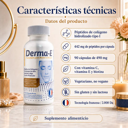 Características Derma-E Colágeno Tipo I 442mg péptidos vitamina C E biotina calcio 90 cápsulas vegetales