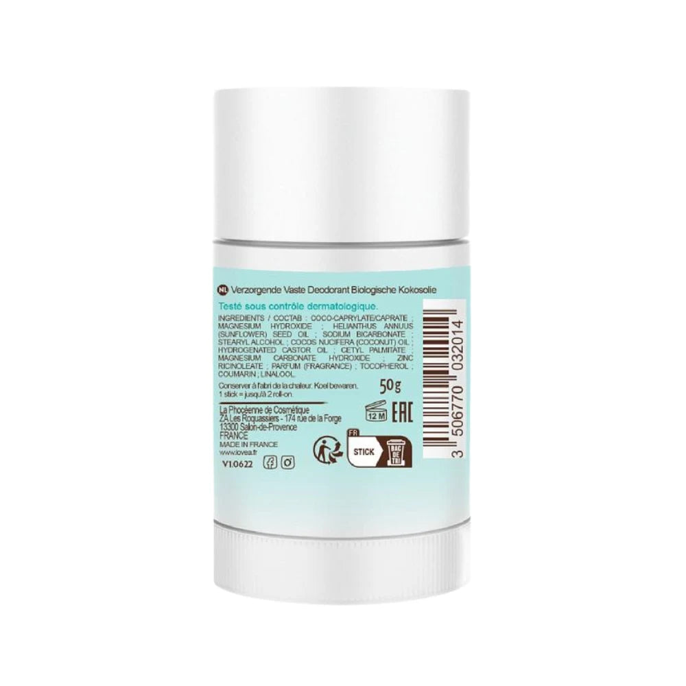Desodorante sólido Lovea Coco 50g, ingredientes naturales y formato en barra, vista posterior