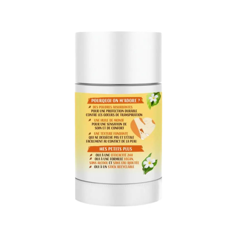 Desodorante sólido Lovea monoï vista posterior, polvos absorbentes y protección duradera contra olores