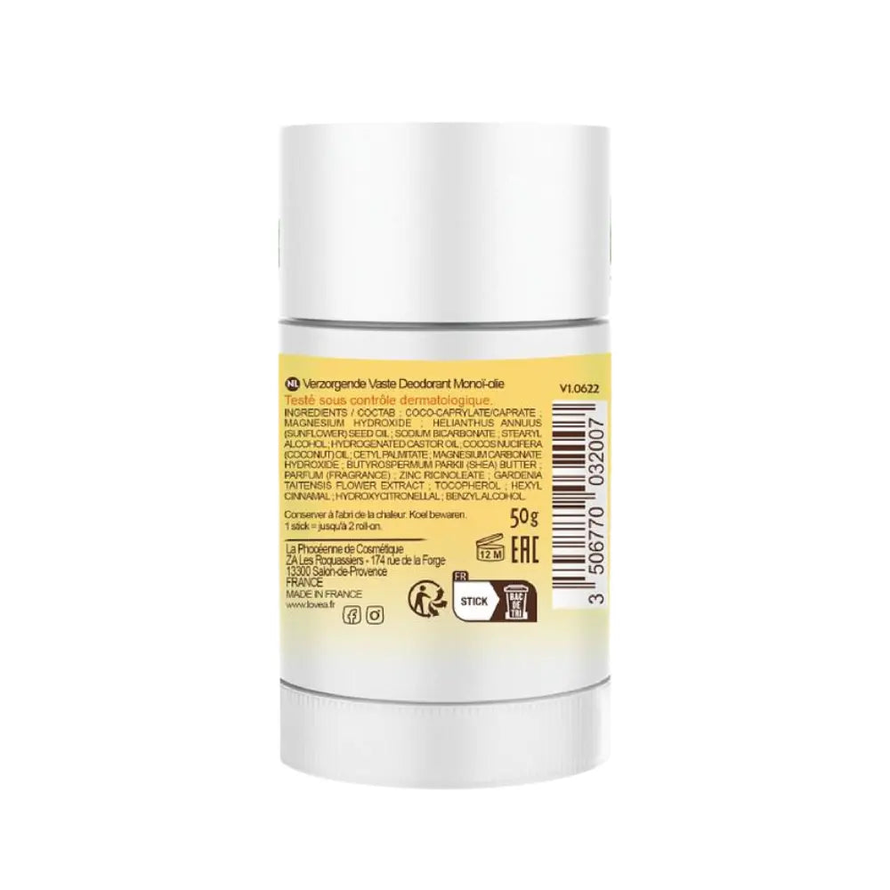 Desodorante sólido Lovea monoï vista posterior ingredientes, 50g y fórmula sin alcohol ni sales de aluminio