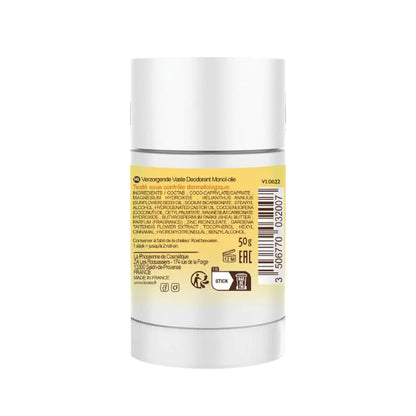 Desodorante sólido Lovea monoï vista posterior ingredientes, 50g y fórmula sin alcohol ni sales de aluminio