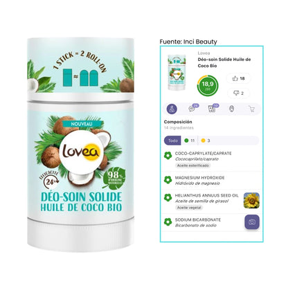 Infografía desodorante sólido Lovea coco bio: aceite de coco, bicarbonato y magnesio, protección 24h