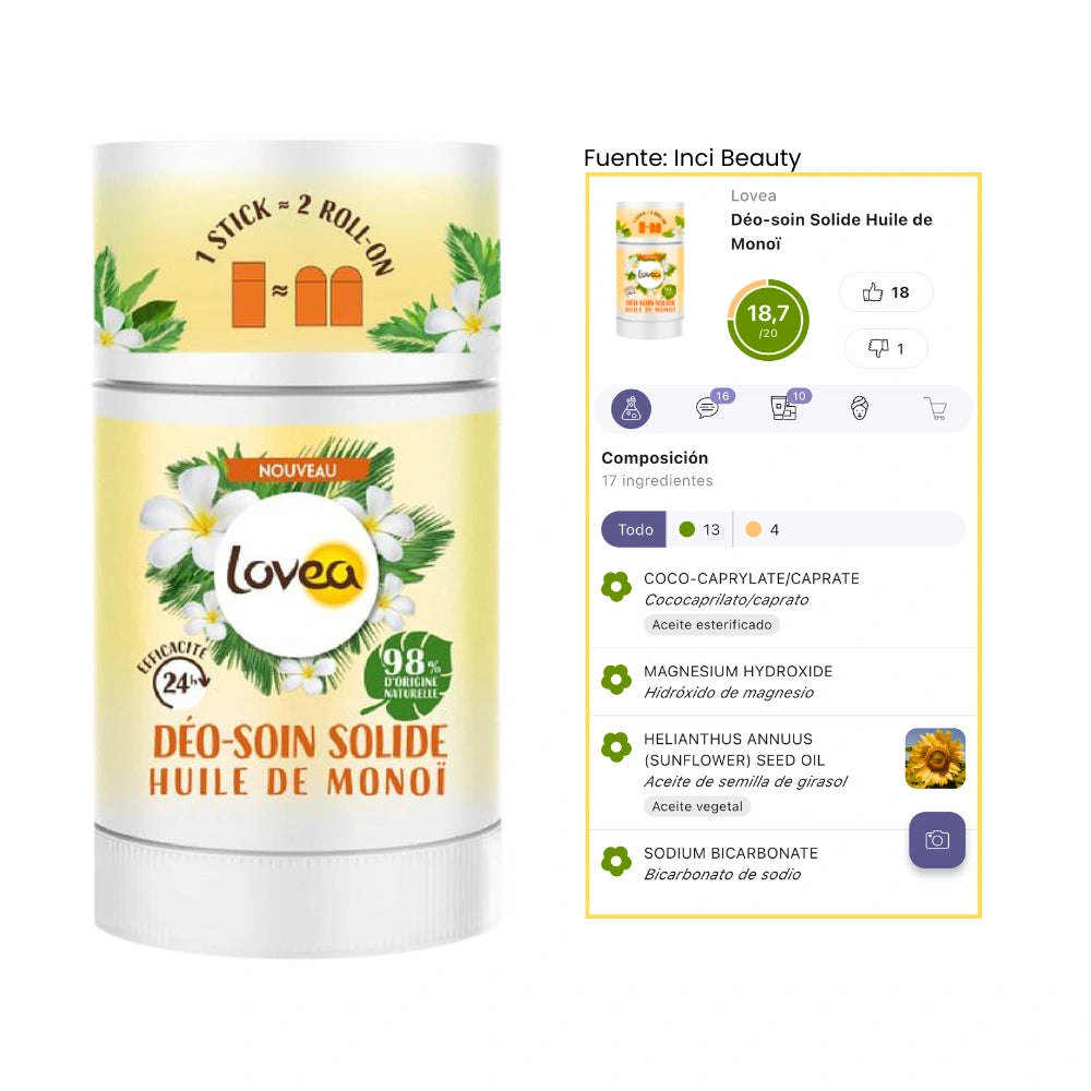 Infografía desodorante sólido Lovea Monoï: aceite de girasol, bicarbonato y magnesio, protección 24h