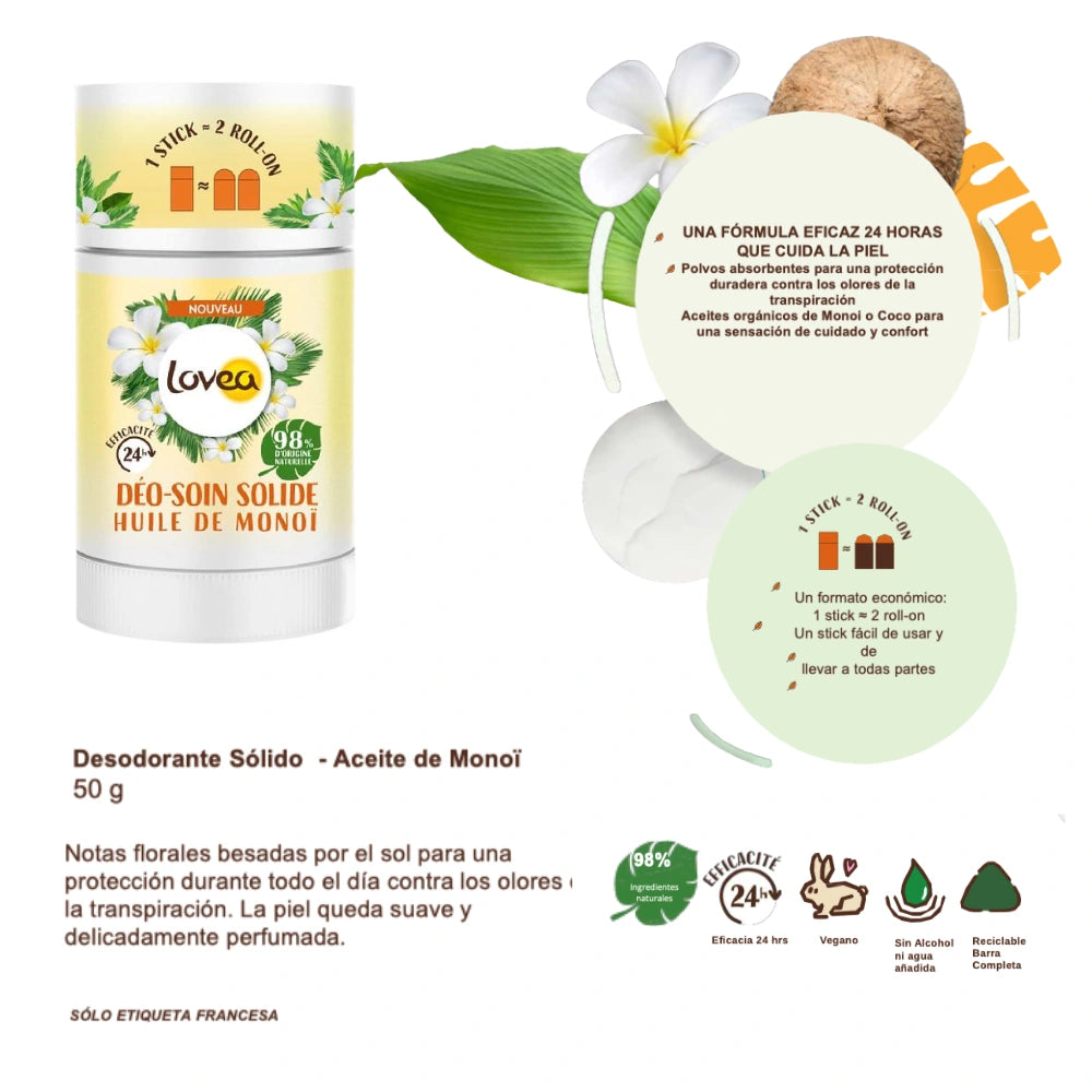 Infografía desodorante sólido Lovea monoï 50g: aceites orgánicos coco y monoï, protección contra olores 24 horas