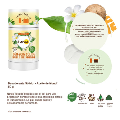 Infografía desodorante sólido Lovea monoï 50g: aceites orgánicos coco y monoï, protección contra olores 24 horas