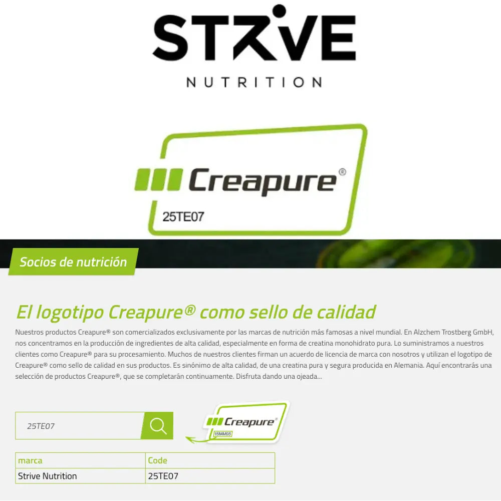 Certificación Creapure® para Strive Nutrition código 25TE07, creatina monohidratada alemana de alta pureza y calidad, respaldada por Alzchem Trostberg GmbH.
