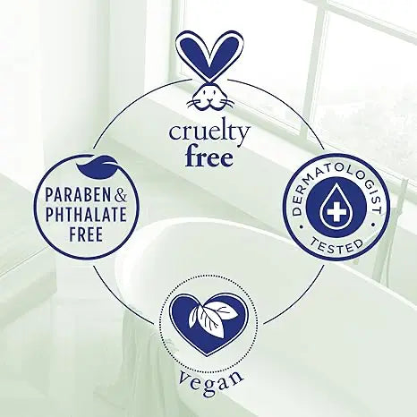 Icon set highlighting cruelty-free, paraben-free, phthalate-free, vegan, and dermatologist-tested features.