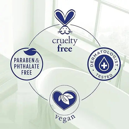 Icon set highlighting cruelty-free, paraben-free, phthalate-free, vegan, and dermatologist-tested features.