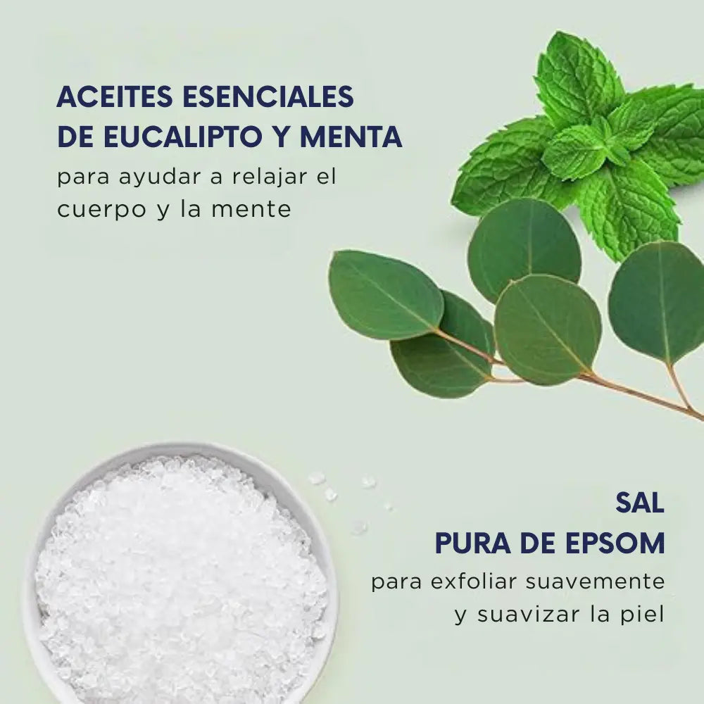 Ingredientes de exfoliante corporal: sal de Epsom pura, eucalipto y menta para relajación y suavidad de la piel.