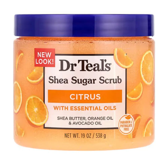 Pote de exfoliante corporal Dr Teal’s Shea Sugar Scrub Citrus con aceites esenciales – Exfoliante en pote de 538 g con manteca de karité, aceite de naranja y aguacate. Fórmula con aceites cítricos esenciales para revitalizar la piel y mejorar el estado de