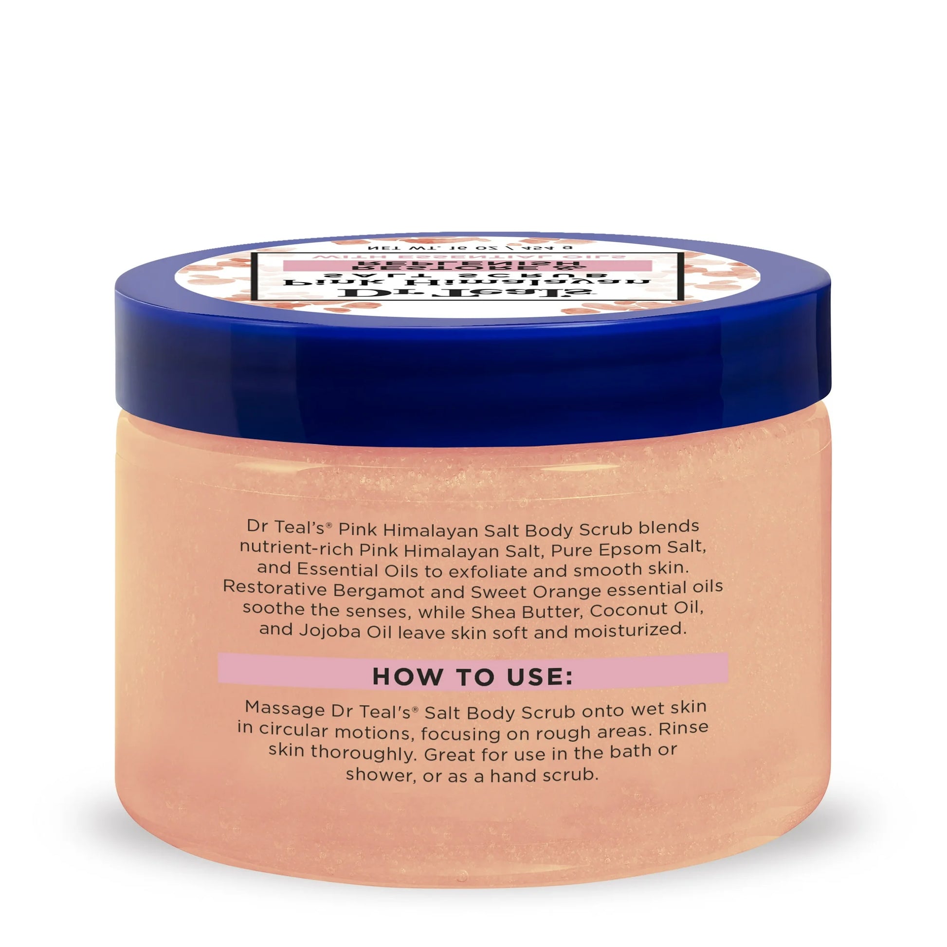 Exfoliante corporal de sal rosa del Himalaya Dr Teal's en envase grueso, ideal para exfoliación e hidratación profunda de la piel.