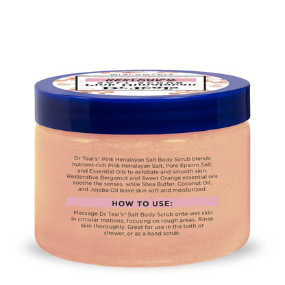 Exfoliante corporal de sal rosa del Himalaya Dr Teal's en envase grueso, ideal para exfoliación e hidratación profunda de la piel.