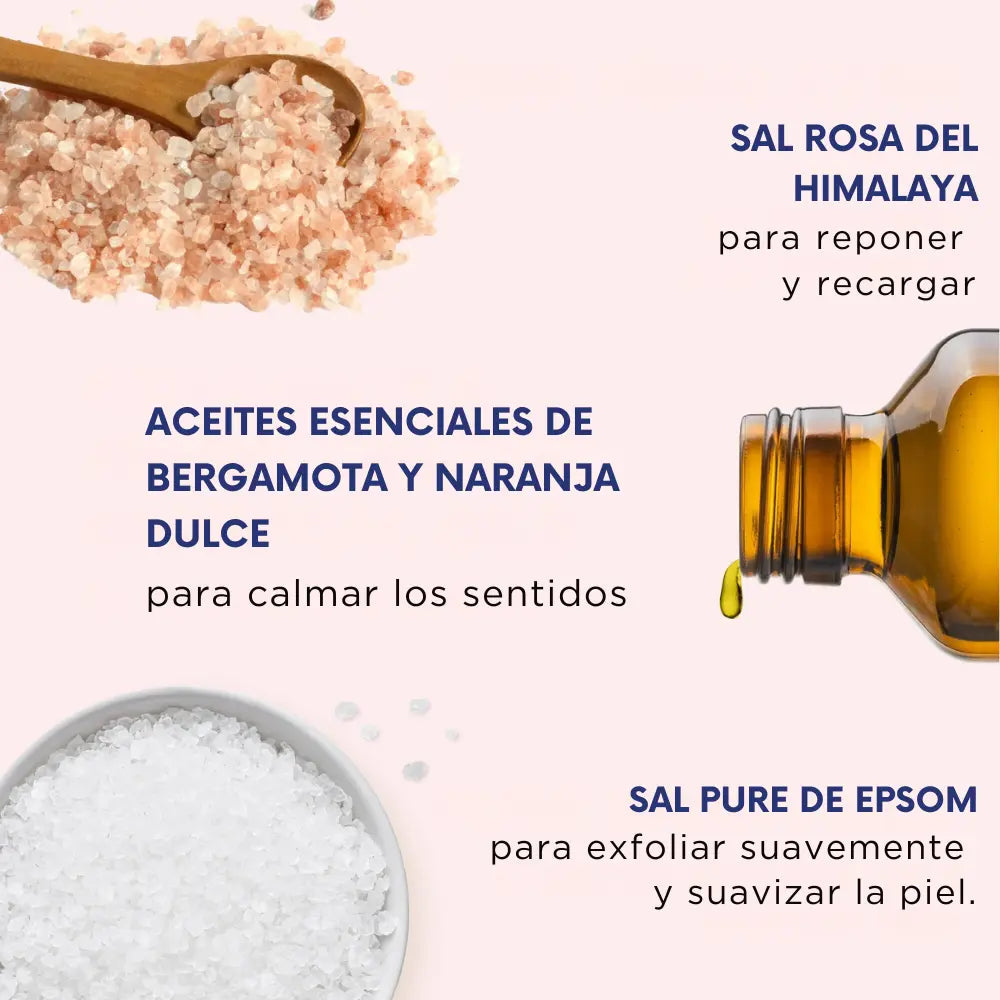 Ingredientes del exfoliante corporal: sal rosa del Himalaya, aceites esenciales de bergamota y naranja dulce, sal de Epsom.