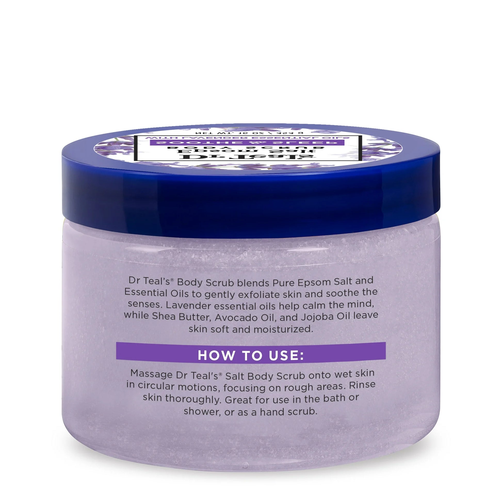 Exfoliante corporal de sal de Epsom con lavanda en frasco de 454g, ideal para exfoliar y humectar la piel.