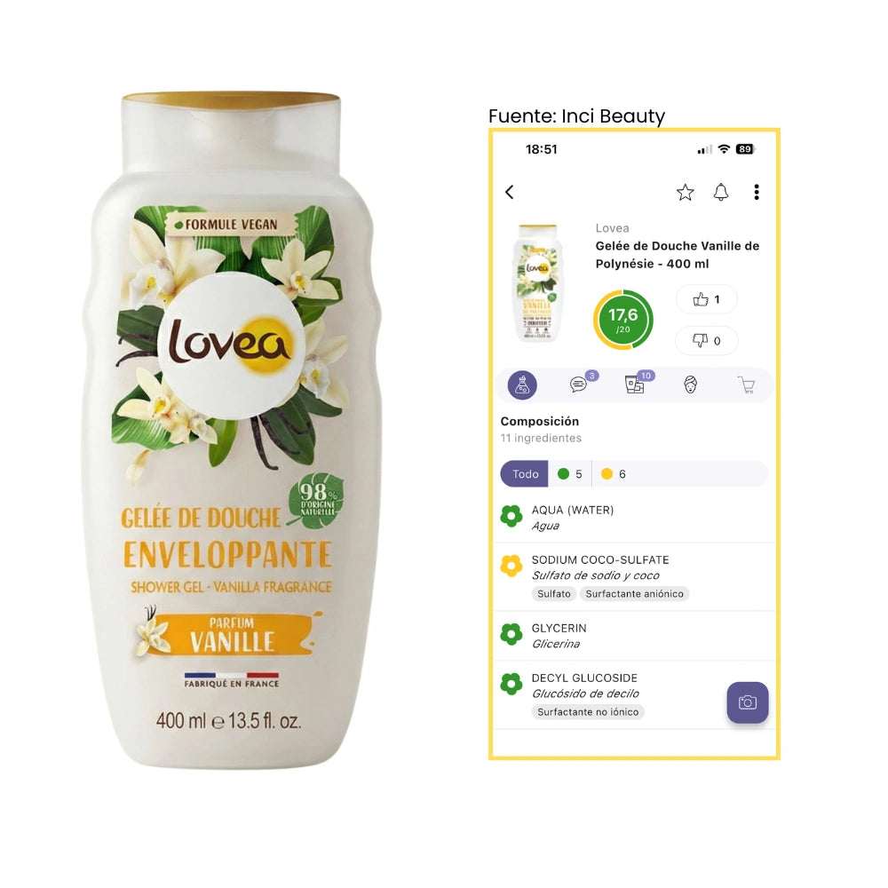 Gel de ducha Lovea Vainilla 400ml con análisis de ingredientes en Inci Beauty – puntuación 17,6/20, fórmula vegana