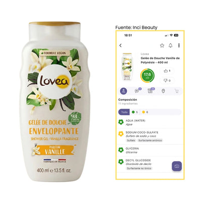 Gel de ducha Lovea Vainilla 400ml con análisis de ingredientes en Inci Beauty – puntuación 17,6/20, fórmula vegana