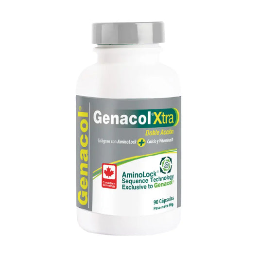 Botella blanca de suplemento Genacol Xtra con etiqueta gris y verde, que destaca su tecnología AminoLock y doble acción con colágeno, calcio y vitamina D. Contiene 90 cápsulas. Tecnología canadiense exclusiva.