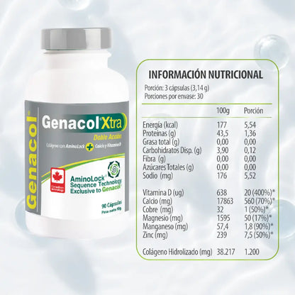 Frasco de Genacol Xtra con información nutricional detallada, colágeno hidrolizado AminoLock, calcio, vitamina D y minerales para salud articular